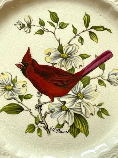 Artist Signed Dogwood Botanicals & Birds Series Creamware Plate Relief Border