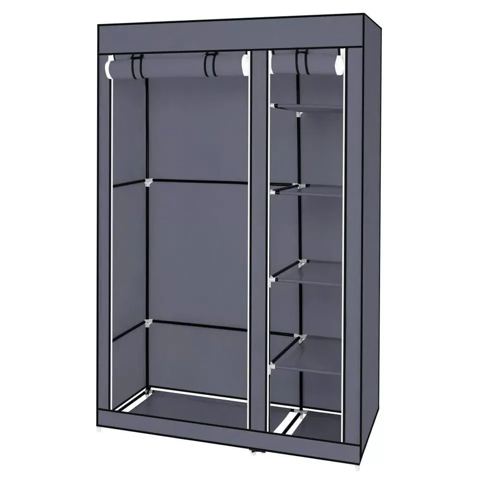 Generic Fabric Canvas Wardrobe Organizer Clothes Rail Shelves Storage Closet Double Tall (Grey), 59-60-61-62A