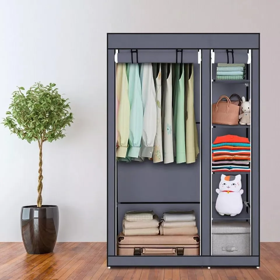 Generic Fabric Canvas Wardrobe Organizer Clothes Rail Shelves Storage Closet Double Tall (Grey), 59-60-61-62A