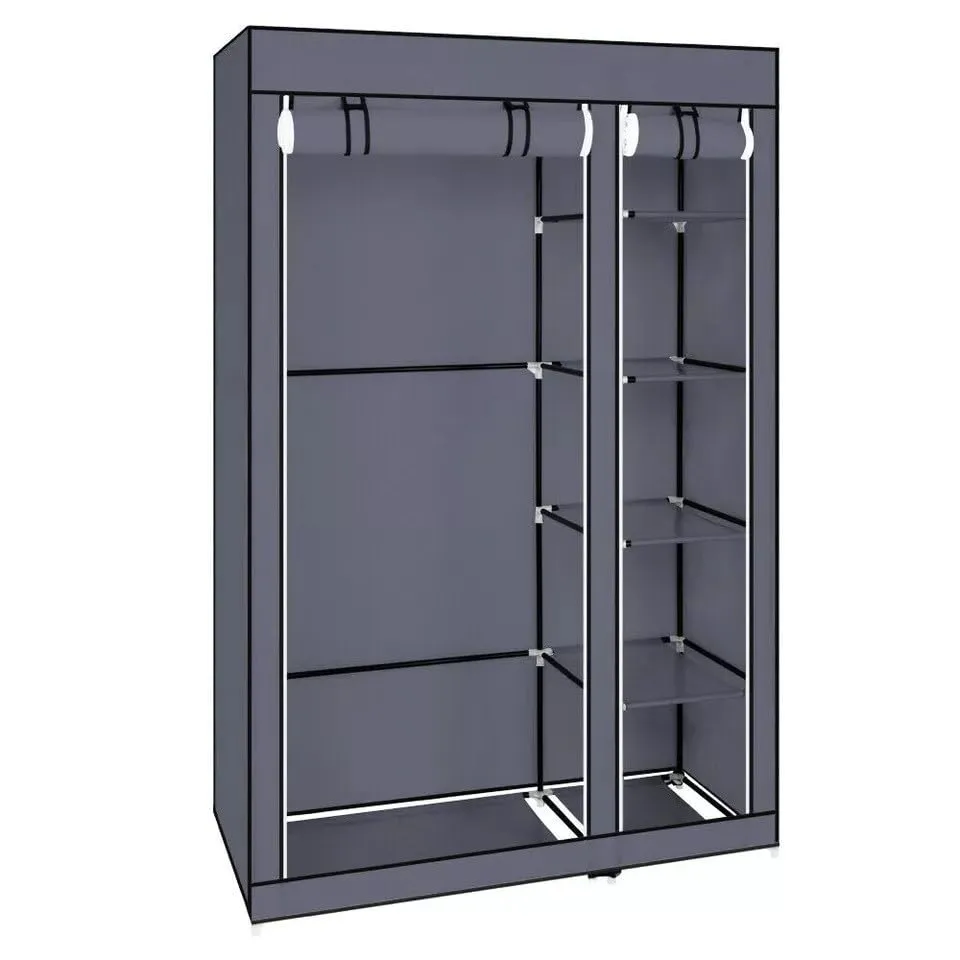 Generic Fabric Canvas Wardrobe Organizer Clothes Rail Shelves Storage Closet Double Tall (Grey), 59-60-61-62A