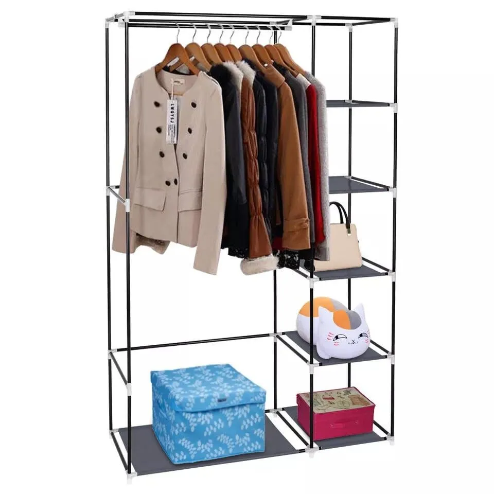 Generic Fabric Canvas Wardrobe Organizer Clothes Rail Shelves Storage Closet Double Tall (Grey), 59-60-61-62A