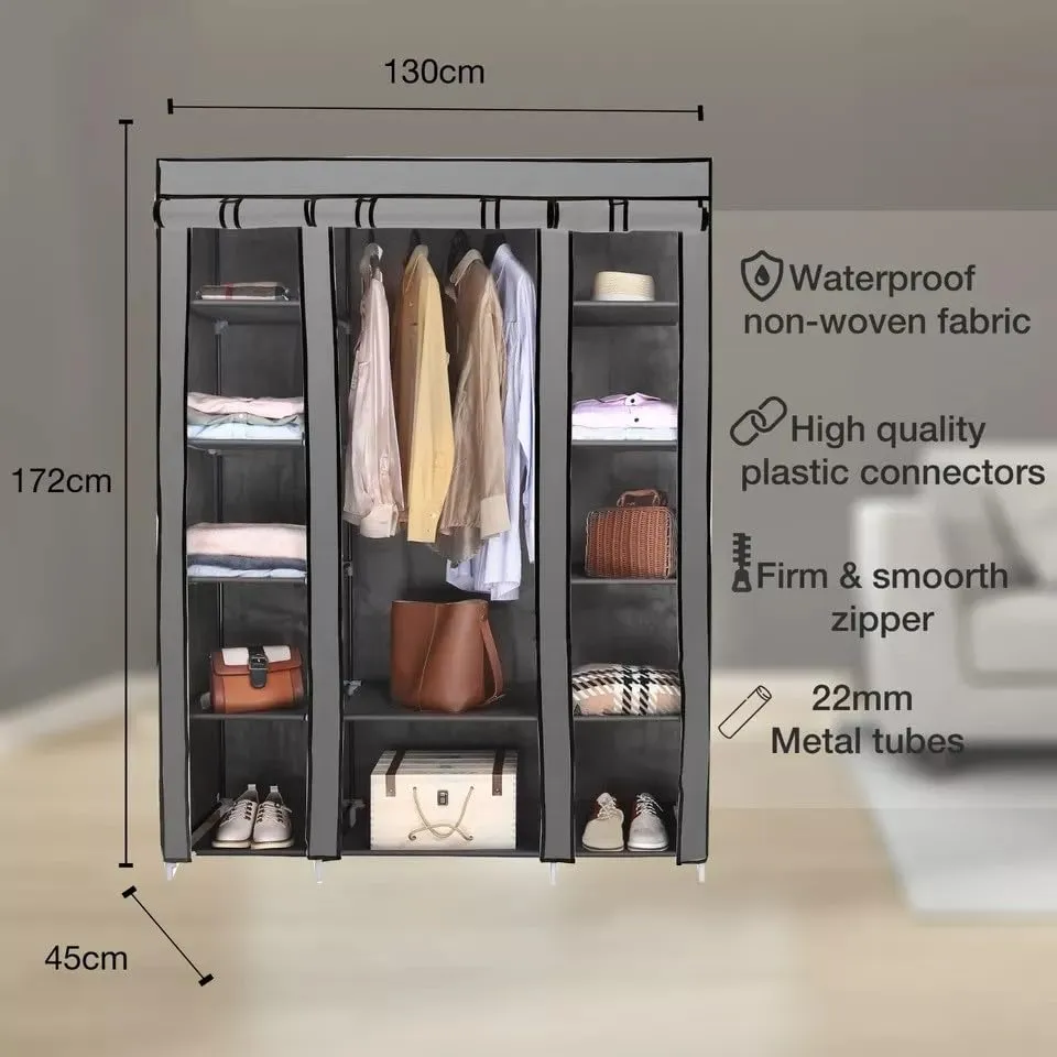 Generic Fabric Canvas Wardrobe Organizer Clothes Rail Shelves Storage Closet Double Tall (Grey), 59-60-61-62A
